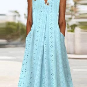 Women Plain Notched Sleeveless Comfy Casual Midi Dress, Maxi, color:Blue|size:XXL, catalog Noracora shop