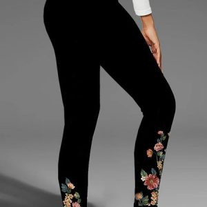 Casual Floral Long Leggings, Leggings, color:Black|size:XXL, catalog Noracora shop