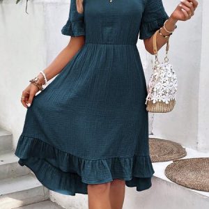 Women Plain Crew Neck Short Sleeve Comfy Casual Short Dress, Dresses, color:Navyblue|size:XXL, catalog Noracora shop