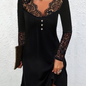 Women Plain V Neck Long Sleeve Comfy Casual Lace Mini Dress, Dresses, color:Black|size:L, catalog Noracora shop