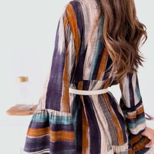 Women Striped V Neck Long Sleeve Comfy Casual Midi Dress, Dresses, color:Coffee|size:XXL, catalog Noracora shop