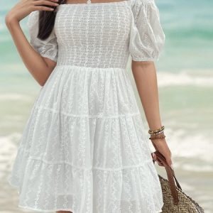 Women Plain Boat Neck Short Sleeve Comfy Casual Short Dress, Short, color:White|size:XL, catalog Noracora shop