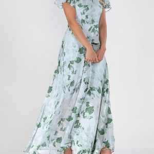 Women Floral V Neck Short Sleeve Comfy Elegant Maxi Dress, Maxi, color:Aqua|size:XXL, catalog Noracora shop