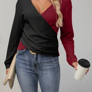 V Neck Long Sleeve Color Block Regular Loose Blouse For Women, Blouses, color:Wine Red|size:XXL, catalog Noracora shop