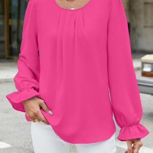 Crew Neck Long Sleeve Plain Regular Loose Blouse For Women, Blouses, color:Rose Red|size:XXL, catalog Noracora shop
