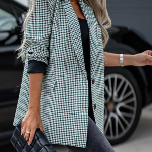 Women's Spring/Fall Outerwear Casual Houndstooth Long Sleeve Lapel Collar Regular Blazer, JustFashionNow Blazers, color:Green|size:5XL,