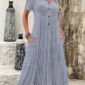 Women Striped Crew Neck Short Sleeve Comfy Casual Buckle Midi Dress, Dresses, color:stripe-blue|size:XXL, catalog Noracora shop