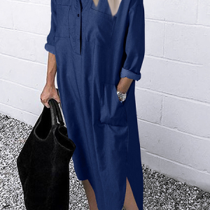 Women Plain Shirt Collar Long Sleeve Comfy Casual Mini Dress, Dresses, color:Deep Blue|size:5XL, catalog Noracora shop