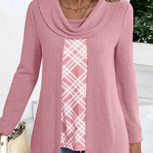 Long Sleeve Floral Regular Loose Mock Two-Piece Blouse For Women, Blouses, color:Pink|size:XL, catalog Noracora shop
