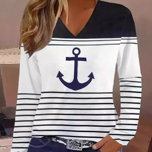 Casual Striped V Neck Long Sleeve T-shirt, T-shirts, color:Blue|size:3XL, catalog Noracora shop