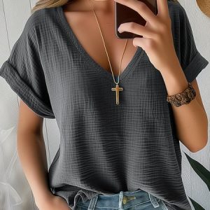 V Neck Short Sleeve Plain Regular Loose Blouse For Women, Blouses, color:Gray|size:3XL, catalog Noracora shop