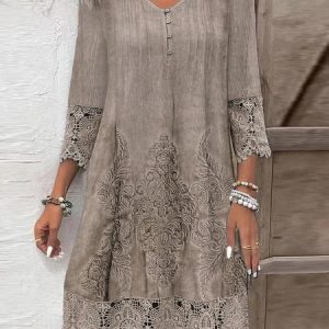 Women Floral V Neck Three Quarter Sleeve Comfy Casual Mini Dress, Dresses, color:Light Coffee|size:XXL, catalog Noracora shop