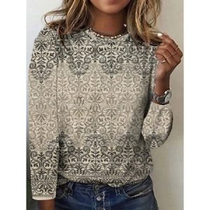 Women's Long Sleeve Tee T-shirt Spring/Fall Ethnic Lace Jersey Crew Neck Daily Going Out Casual Top, JustFashionNow T-Shirts, color:Gray|size:5XL,