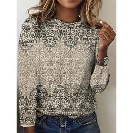 Women's Long Sleeve Tee T-shirt Spring/Fall Ethnic Lace Jersey Crew Neck Daily Going Out Casual Top, JustFashionNow T-Shirts, color:Gray|size:5XL,