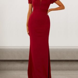 Women Plain V Neck Short Sleeve Comfy Sexy Maxi Dress, Dresses, color:Wine Red|size:XL, catalog Noracora shop