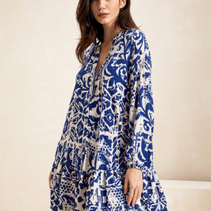 Women Mini Dress Floral V Neck Long Sleeve Comfy Casual Boho Short Dress, Dresses, color:Blue|size:XS, catalog Noracora shop