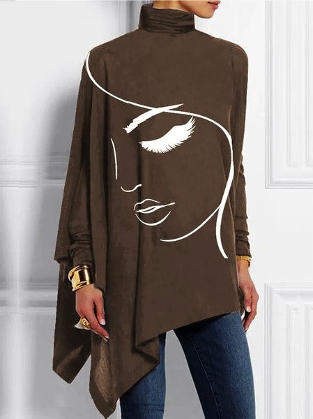 Women's Long Sleeve Blouse Spring/Fall Face Lace Jersey Turtleneck Daily Going Out Casual Top, JustFashionNow Blouses, color:Deep Brown|size:3XL,
