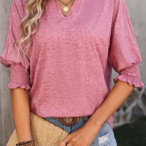 V Neck Half Sleeve Plain Regular Micro-Elasticity Loose Shirt For Women, Blouses, color:Pink|size:XXL, catalog Noracora shop