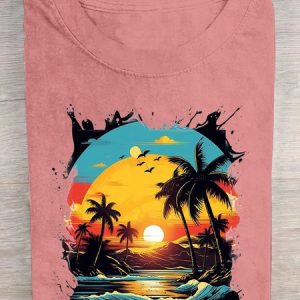 Casual Scenery Crew Neck Short Sleeve T-shirt, T-shirts, color:Pink|size:3XL, catalog Noracora shop
