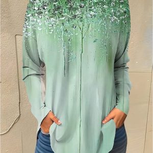 Casual Floral Crew Neck Long Sleeve T-shirt, Blouses, color:Green|size:3XL, catalog Noracora shop