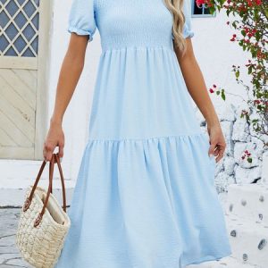 Women Plain Crew Neck Short Sleeve Comfy Casual Midi Dress, Midi, color:Sky Blue|size:XXL, catalog Noracora shop