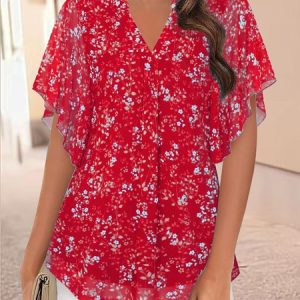 V Neck Short Sleeve Floral Regular Micro-Elasticity Loose Shirt For Women, Blouses, color:Red|size:XXL, catalog Noracora shop
