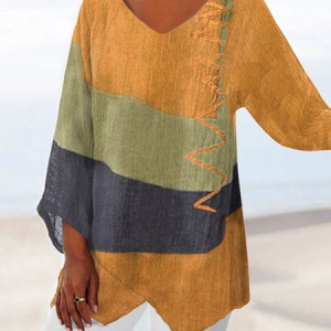 V Neck Long Sleeve Color Block Regular Micro-Elasticity Loose Blouse For Women, Blouses, color:Yellow|size:5XL, catalog Noracora shop