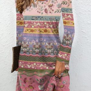 Women Ethnic Crew Neck Long Sleeve Comfy Casual Mini Dress, Dresses, color:Pink|size:XXL, catalog Noracora shop