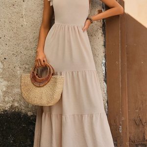 Women Plain Spaghetti Gallus Comfy Casual Maxi Dress, Dresses, color:Apricot|size:XL, catalog Noracora shop