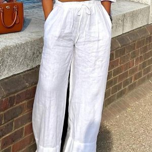 Plus Size Loose Plain Wide leg Casual Pants, Plus Pants, color:White|size:4X, Stylewe