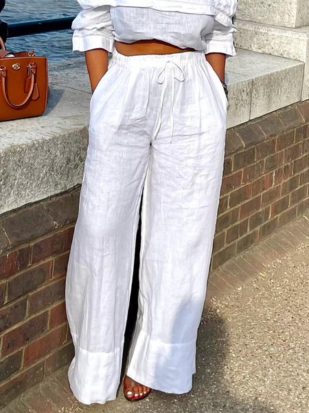 Plus Size Loose Plain Wide leg Casual Pants, Plus Pants, color:White|size:4X, Stylewe