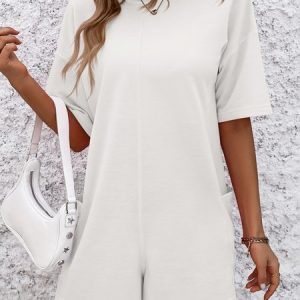 Women Short Sleeve Crew Neck Regular Fit Shorts Pocket Stitching Daily Casual Plain Natural Jumpsuit, Jumpsuits&Rompers, color:White|size:XL, catalog Noracora shop