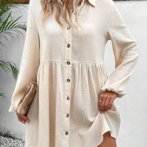 Women Plain Shawl Collar Long Sleeve Comfy Casual Buttoned Midi Dress, Dresses, color:Off White|size:3XL, catalog Noracora shop