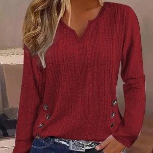 Women's Long Sleeve Tee T-shirt Spring/Fall Plain Buckle Knitted Notched Daily Going Out Casual Top, JustFashionNow T-Shirts, color:Wine Red|size:3XL,