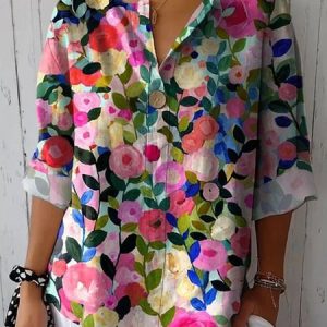 V Neck Long Sleeve Floral Regular Micro-Elasticity Loose Blouse For Women, Blouses, color:Color3|size:3XL, catalog Noracora shop