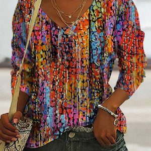 Casual Abstract V Neck Three Quarter Sleeve T-shirt, T-shirts, color:Multicolor|size:XXL, catalog Noracora shop