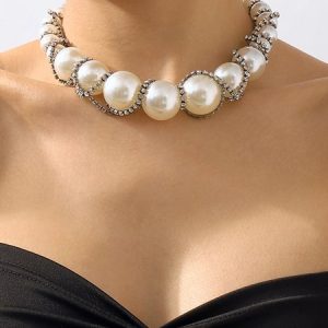 Elegant Rhinestone Twined Imitation Pearl Necklace, Necklaces, color:Black|size:One-size, Stylewe
