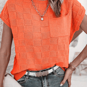Women Yarn/Wool Yarn Plain Short Sleeve Comfy Casual Sweater, Sweaters, color:Orange|size:XXL, catalog Noracora shop