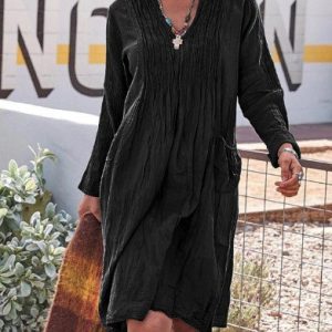 Women Plain V Neck Long Sleeve Comfy Casual Midi Dress, Dresses, color:Black|size:3XL, catalog Noracora shop