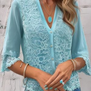 V Neck Half Sleeve Plain Open Front Lace Edge Regular Micro-Elasticity Loose Blouse For Women, Blouses, color:Light Blue|size:XXL, catalog Noracora shop