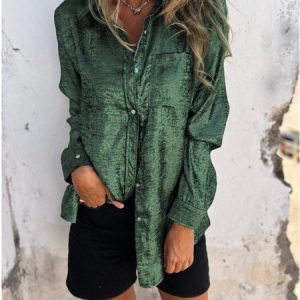 Shirt Collar Long Sleeve Plain Regular Loose Shirt For Women, Shirts, color:Green|size:5XL, catalog Noracora shop