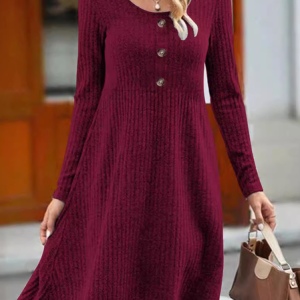 Women Plain Crew Neck Long Sleeve Comfy Casual Buttoned Midi Dress, Dresses, color:Wine Red|size:XXL, catalog Noracora shop