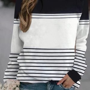 Casual Crew Neck Striped Sweatshirt, Hoodies & Sweatshirts, color:Black-white|size:XXL, catalog Noracora shop