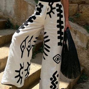 Casual Random Print Loose Pants, Pants, color:Black-white|size:XXL, Stylewe
