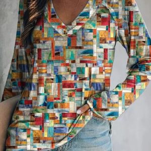 Casual Geometric V Neck Long Sleeve T-shirt, T-shirts, color:Multicolor|size:5XL, catalog Noracora shop