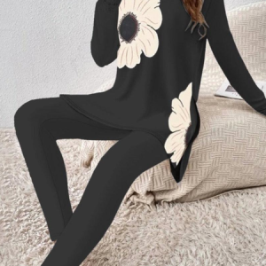 Women Floral Crew Neck Long Sleeve Comfy Casual Top With Pants Two-Piece Set, Sets, color:Black|size:XXL, catalog Noracora shop