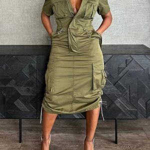 Casual Zipper Drawstring Cargo Dress, Midi Dresses, color:Army Green|size:XXL, Stylewe