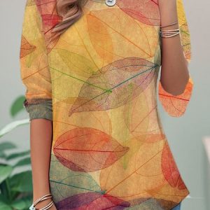Casual Leaf Crew Neck Long Sleeve T-shirt, T-shirts, color:Yellow|size:XXL, catalog Noracora shop