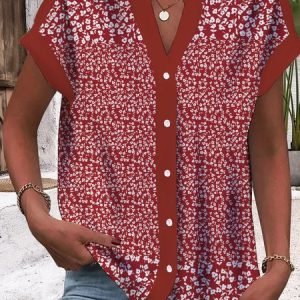 V Neck Short Sleeve Floral Regular Loose Blouse For Women, Shirts, color:Red|size:XXL, catalog Noracora shop