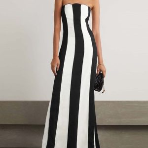 Women Striped Strapless Sleeveless Comfy Sexy Maxi Dress, Dinner dress, color:Black|size:L, catalog Noracora shop
